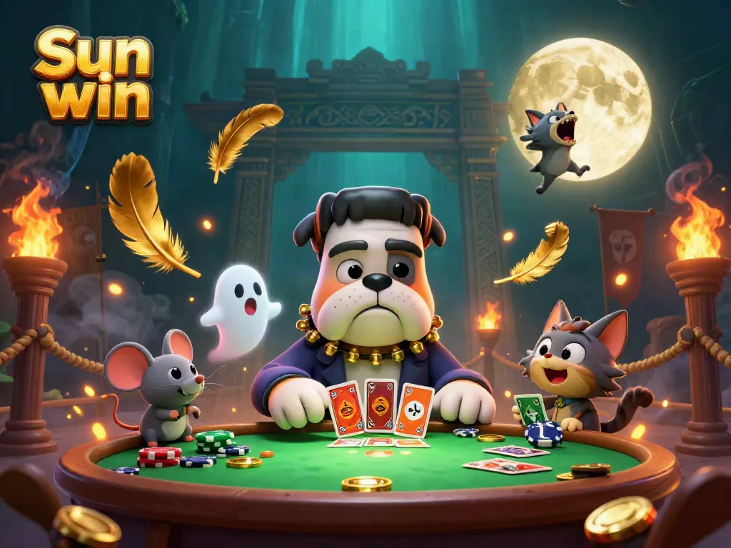 Experience thrilling card games with Sun win in a vibrant 3D casino scene featuring a bulldog dealer.