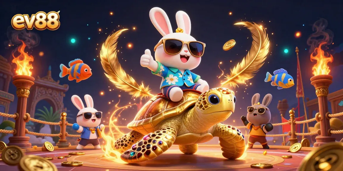 Ev88 winning moment with lucky rabbit and golden turtle in vibrant casino scene
