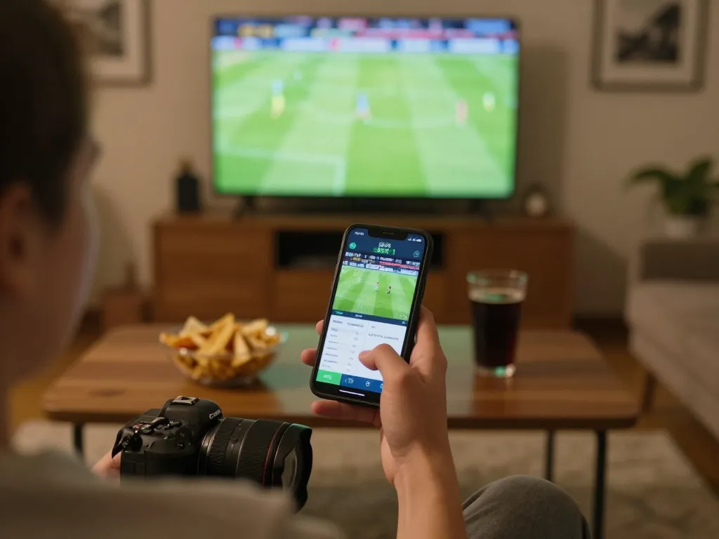 Xôi lạc watching live football match while placing bets on smartphone app, engaging in sports betting at home