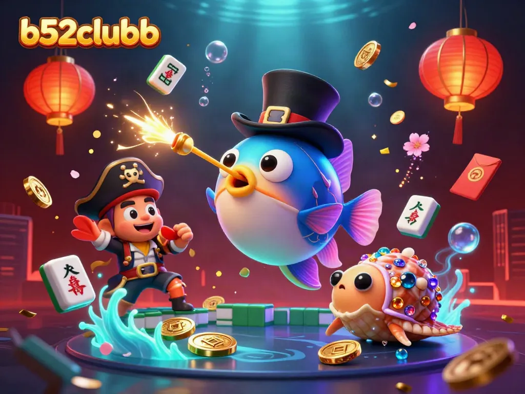 Experience the allure of b52clubb as deep-sea creatures engage in thrilling casino activities amidst beautiful Chinese lanterns and festive decor.