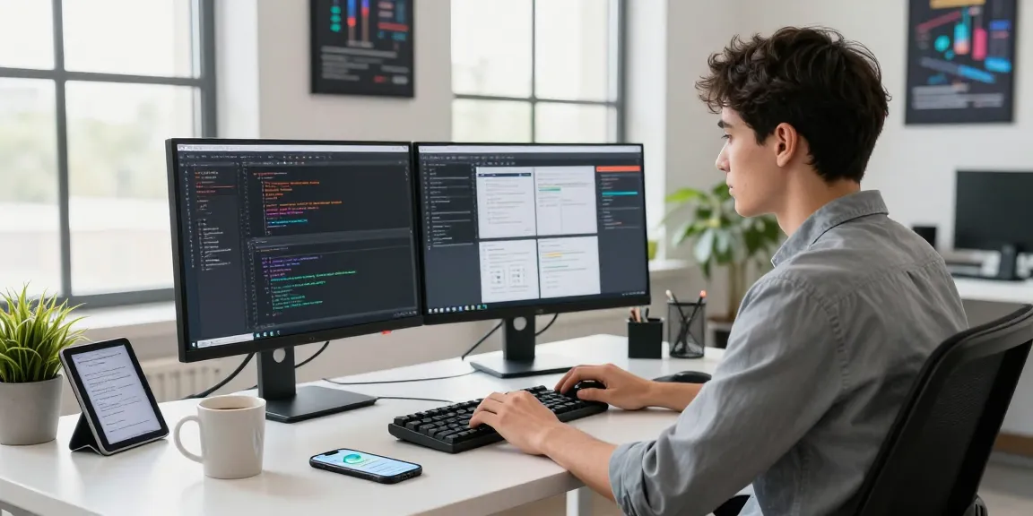 Download Telegram with a developer coding in a modern office workspace showcasing productivity tools.