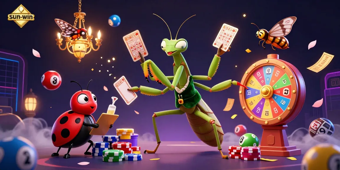 Experience dynamic lottery excitement with sun-win featuring a giant mantis, ladybug, and vibrant game elements.