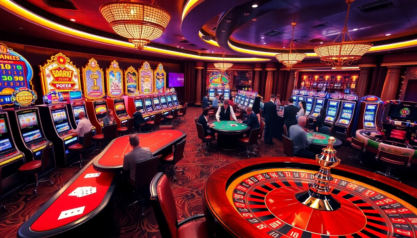 Players enjoying casino games at CM88 COM featuring slot machines and poker tables.