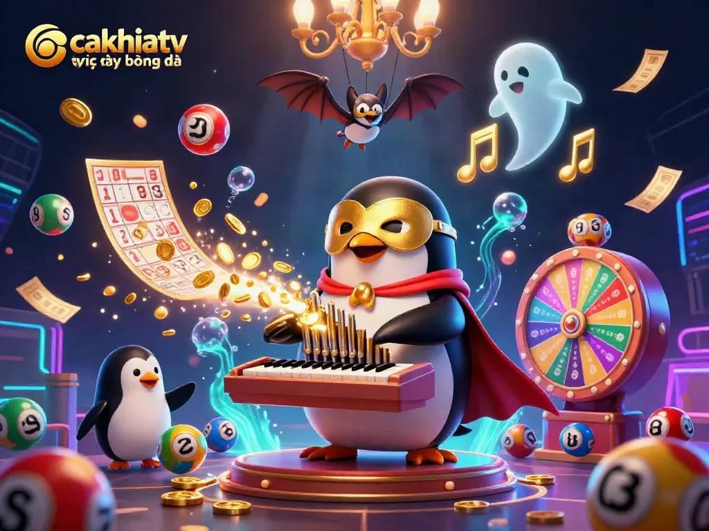 Engaging scene of cakhiatv trực tiếp bóng đá with 3D penguin and vibrant lottery elements.