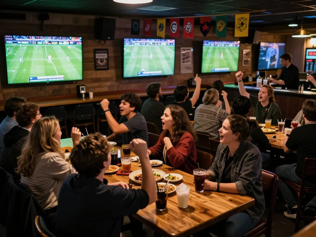 Watch bóng đá hôm nay trực tiếp with exciting fans at a packed sports bar celebrating a goal.