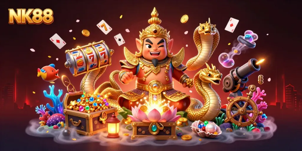 Experience thrilling winnings at NK88 with vibrant slots and engaging characters in a dynamic casino scene.