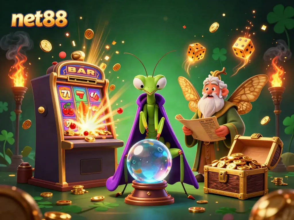 Experience the thrilling excitement of net88 with a vibrant 3D scene showcasing casino games and fortune tellers.