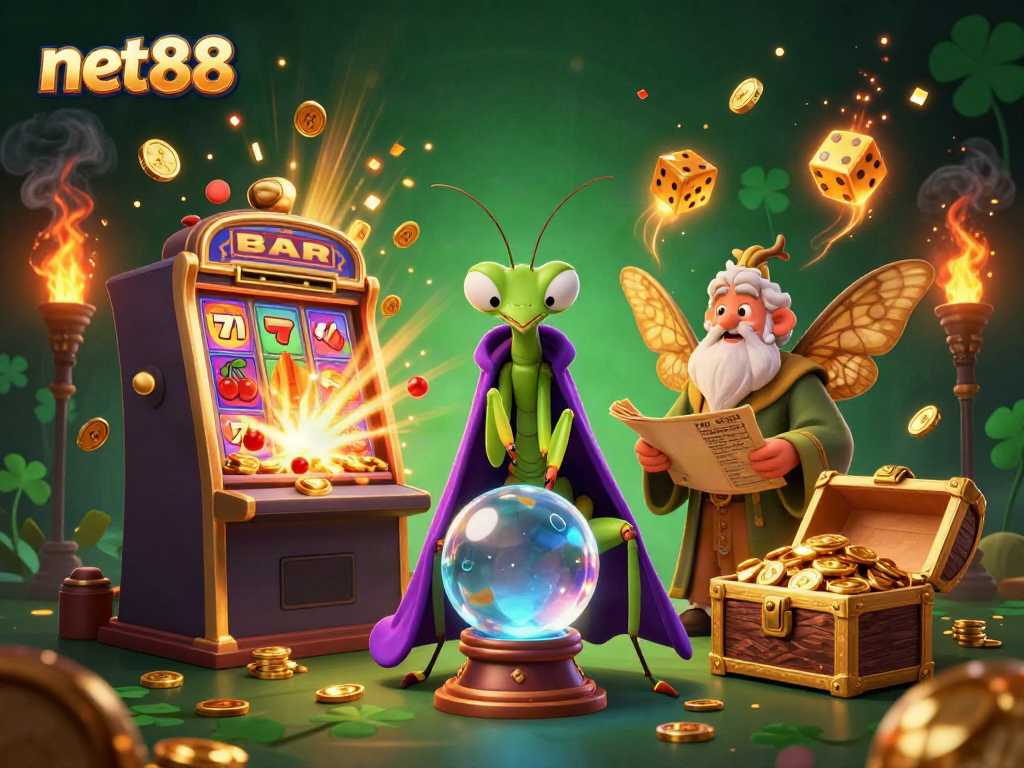 Experience the thrilling excitement of net88 with a vibrant 3D scene showcasing casino games and fortune tellers.