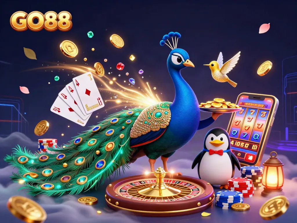 Join the excitement at GO88 casino, where a peacock, penguin, and hummingbird celebrate wins with gold chips.