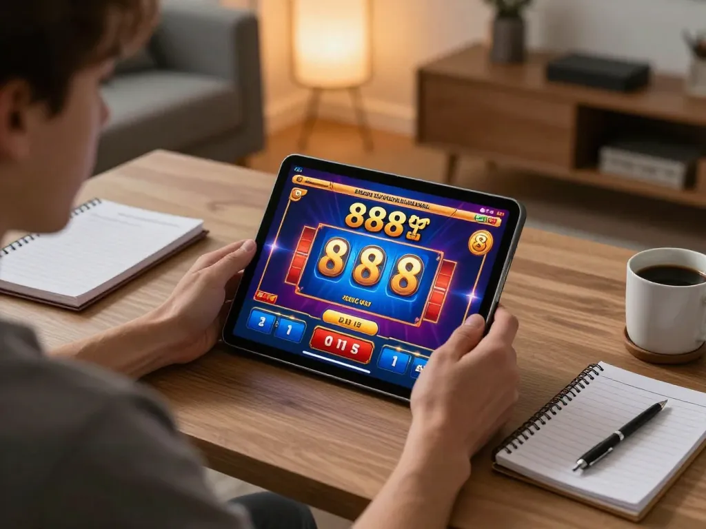 Engaging in the 888slot game on a tablet with vibrant graphics, cozy home office atmosphere.