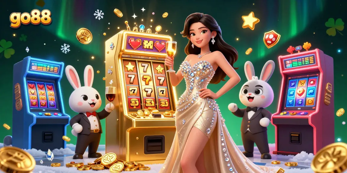 Experience thrilling jackpots with go88's vibrant casino scene featuring ornate slot machines and celebratory characters.