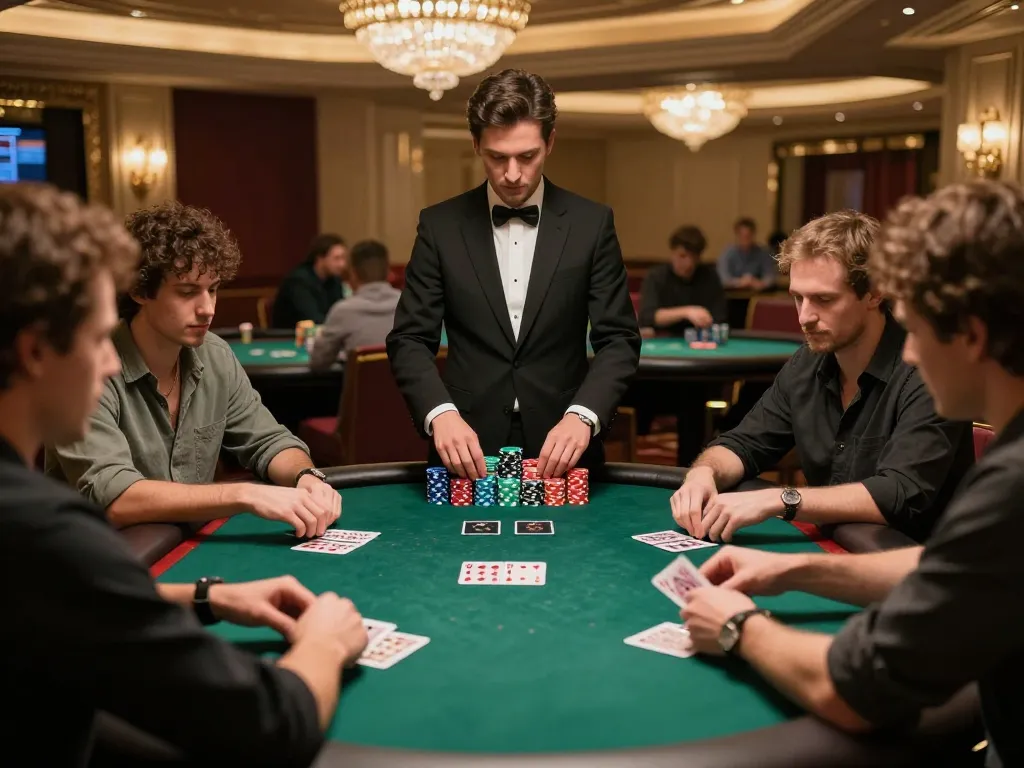 Players engaging in a strategic poker game at vk88 casino, dynamic atmosphere with vibrant chips and intense focus.