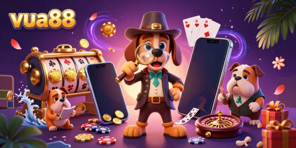 Experience thrilling gameplay with vua88's dynamic casino elements, featuring a detective and his bulldog companion.