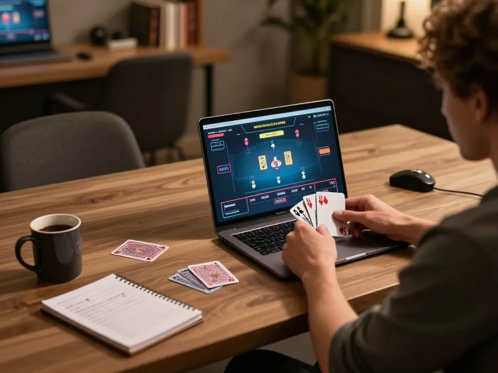Engaged player using 98win vin for live blackjack online, focusing on gameplay and strategies in a cozy gaming setup.