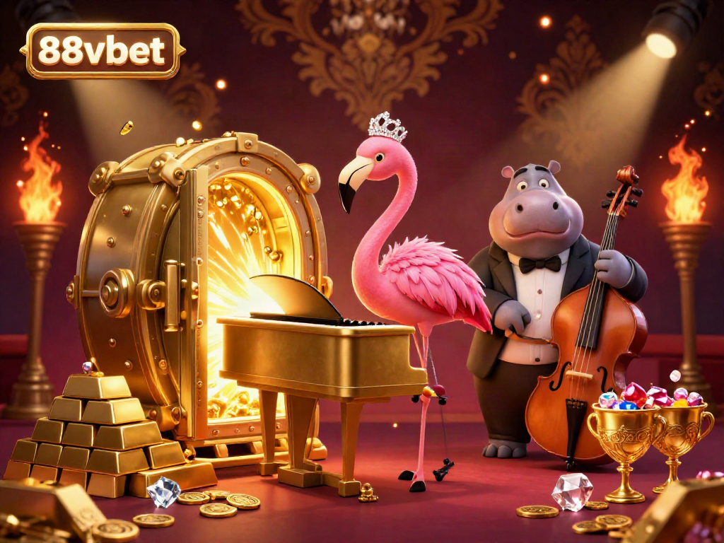 Experience the excitement of 88vbet with lively casino visuals, featuring a flamingo singer and golden treasures.