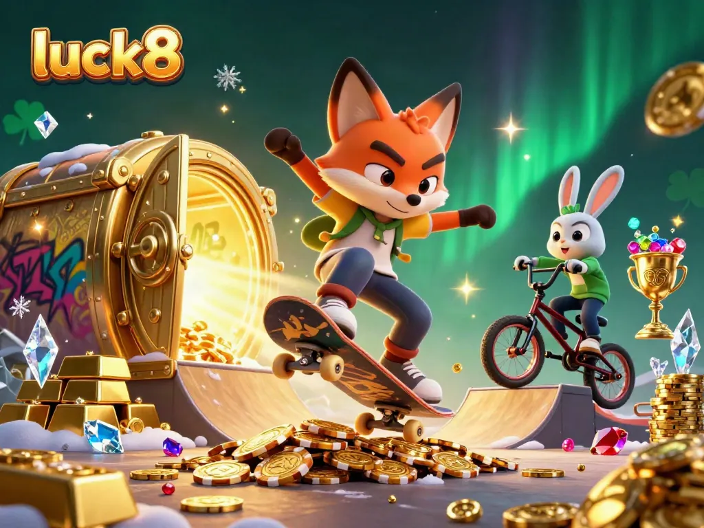 Experience luck8 with vibrant casino-themed characters performing tricks among gold treasures.