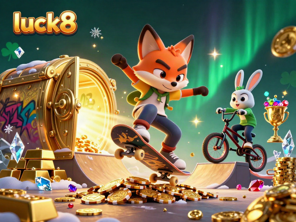Experience luck8 with vibrant casino-themed characters performing tricks among gold treasures.