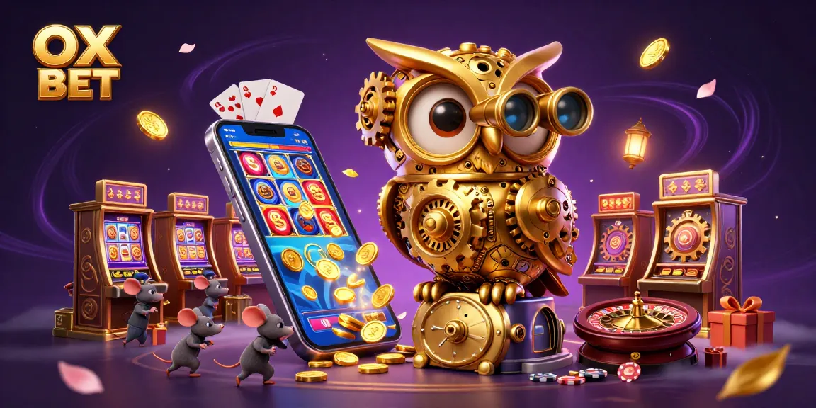 Play exciting slot games with OX BET in a colorful, vibrant 3D illustration filled with dynamic casino elements.