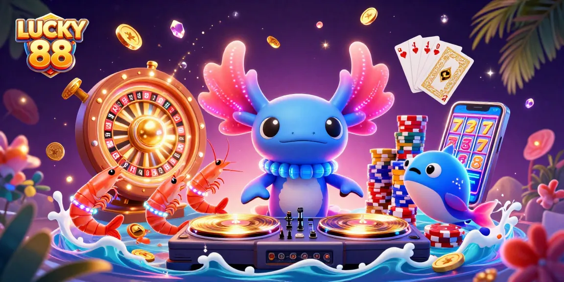 Spin and win with LUCKY 88, vibrant 3D casino illustration showcasing dynamic characters and action.