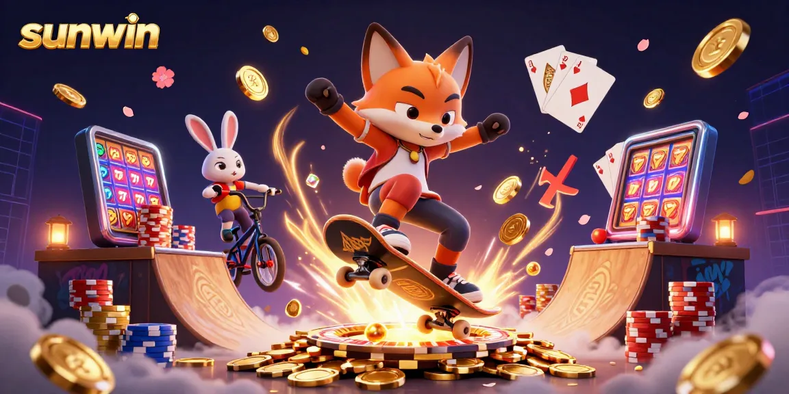 Experience sunwin with thrilling 3D gaming elements like animated foxes and casino symbols.