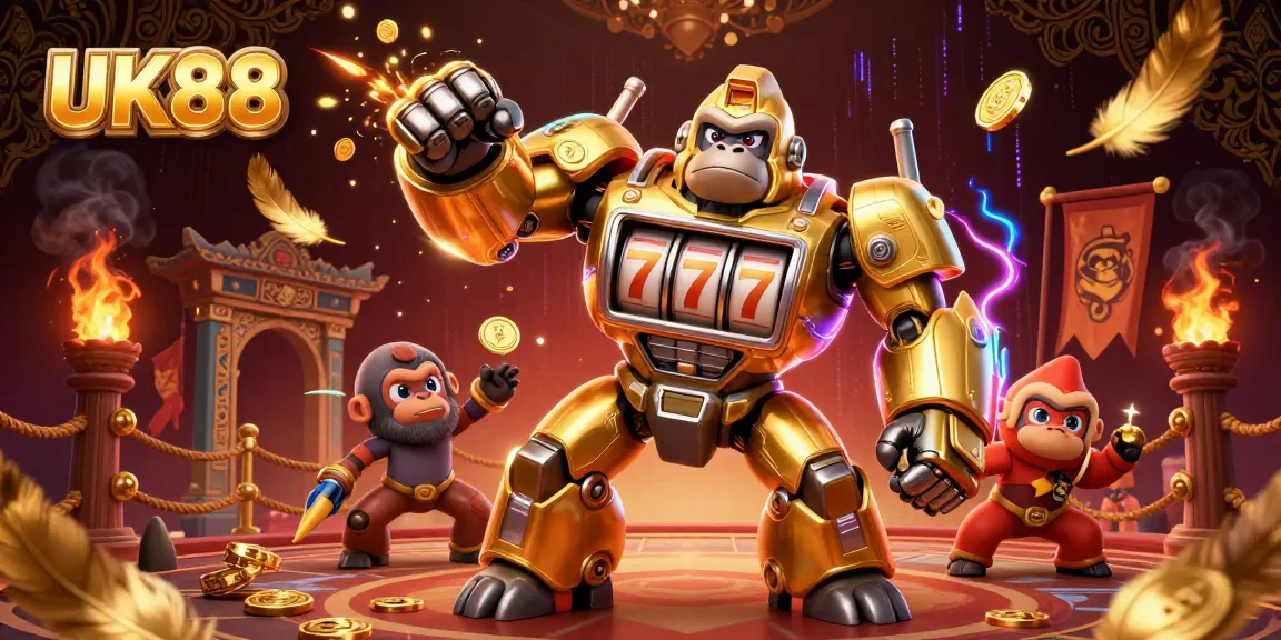 Experience thrilling gameplay with the UK88 golden gorilla mech bursting with coins and slot elements.