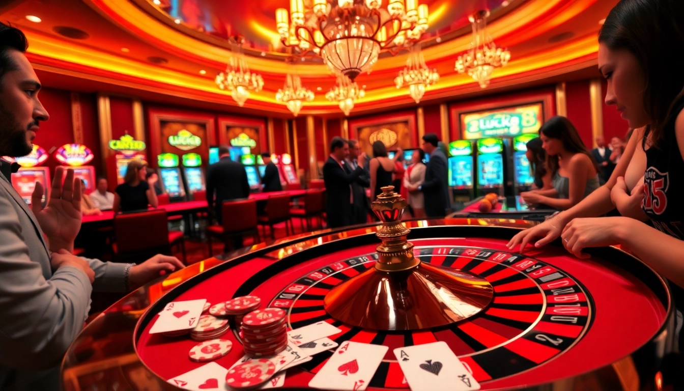 Players enjoying a high-stakes roulette game at Luck8's luxurious casino.