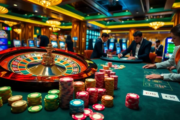 Players enjoying a dynamic casino experience at RR88 gratis, featuring roulette wheels and poker chips.