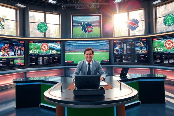 Engaging sports broadcasting announcer in a vibrant studio setting with multiple screens.