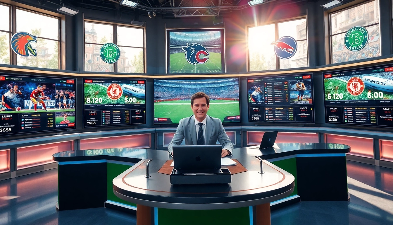 Engaging sports broadcasting announcer in a vibrant studio setting with multiple screens.