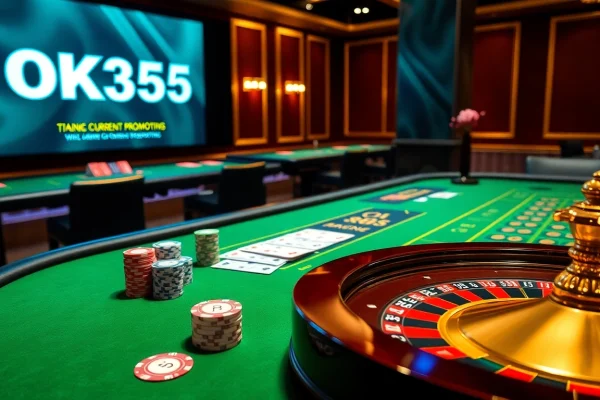 Playing cards and poker chips at a luxurious OK365 casino gaming table.