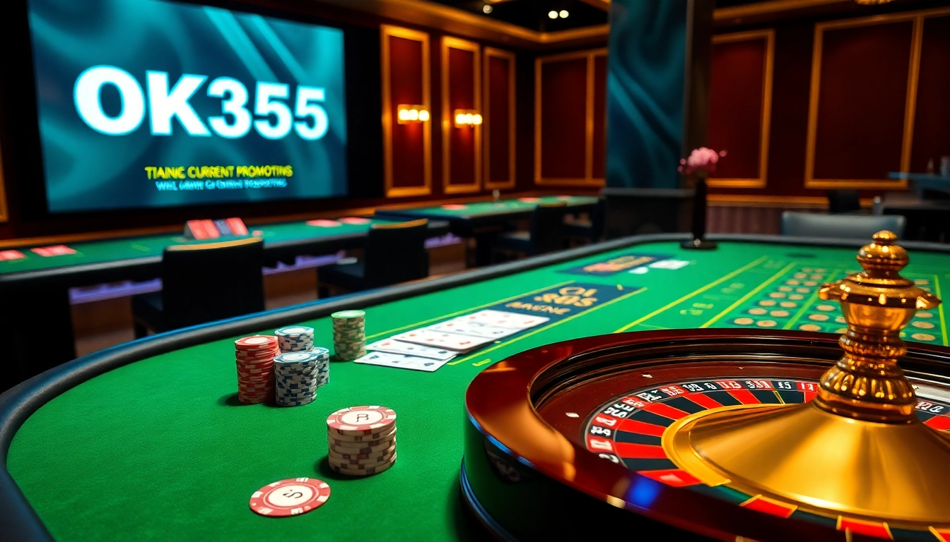 Playing cards and poker chips at a luxurious OK365 casino gaming table.