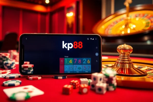 Experience the kp88 app interface amidst a bustling casino setting featuring poker chips and roulette excitement.