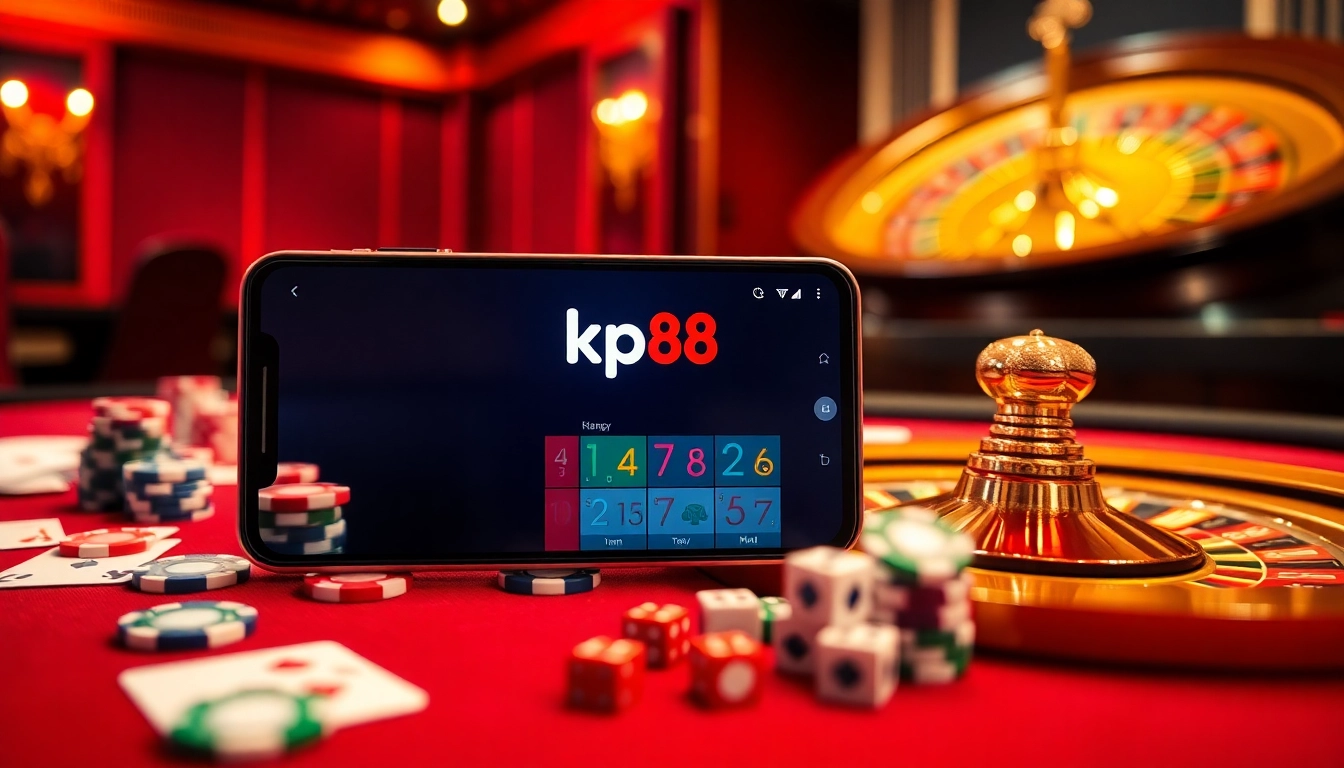 Experience the kp88 app interface amidst a bustling casino setting featuring poker chips and roulette excitement.