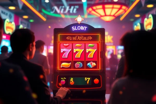 Nổ Hũ gaming scene with vibrant slot machines and excited players in a lively online environment.