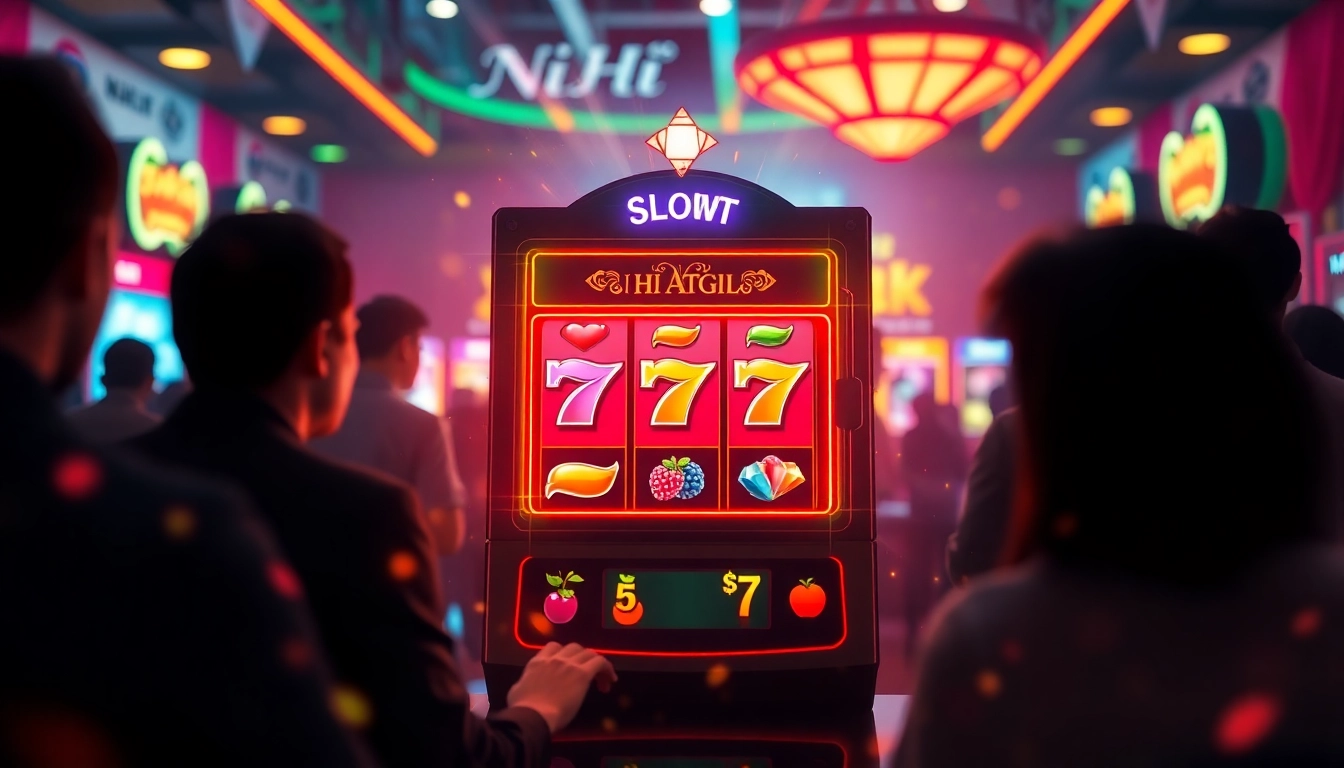 Nổ Hũ gaming scene with vibrant slot machines and excited players in a lively online environment.