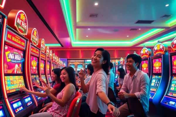 Nổ Hũ gaming experience in a vibrant casino setting showcasing players enjoying slot machines and jackpots.