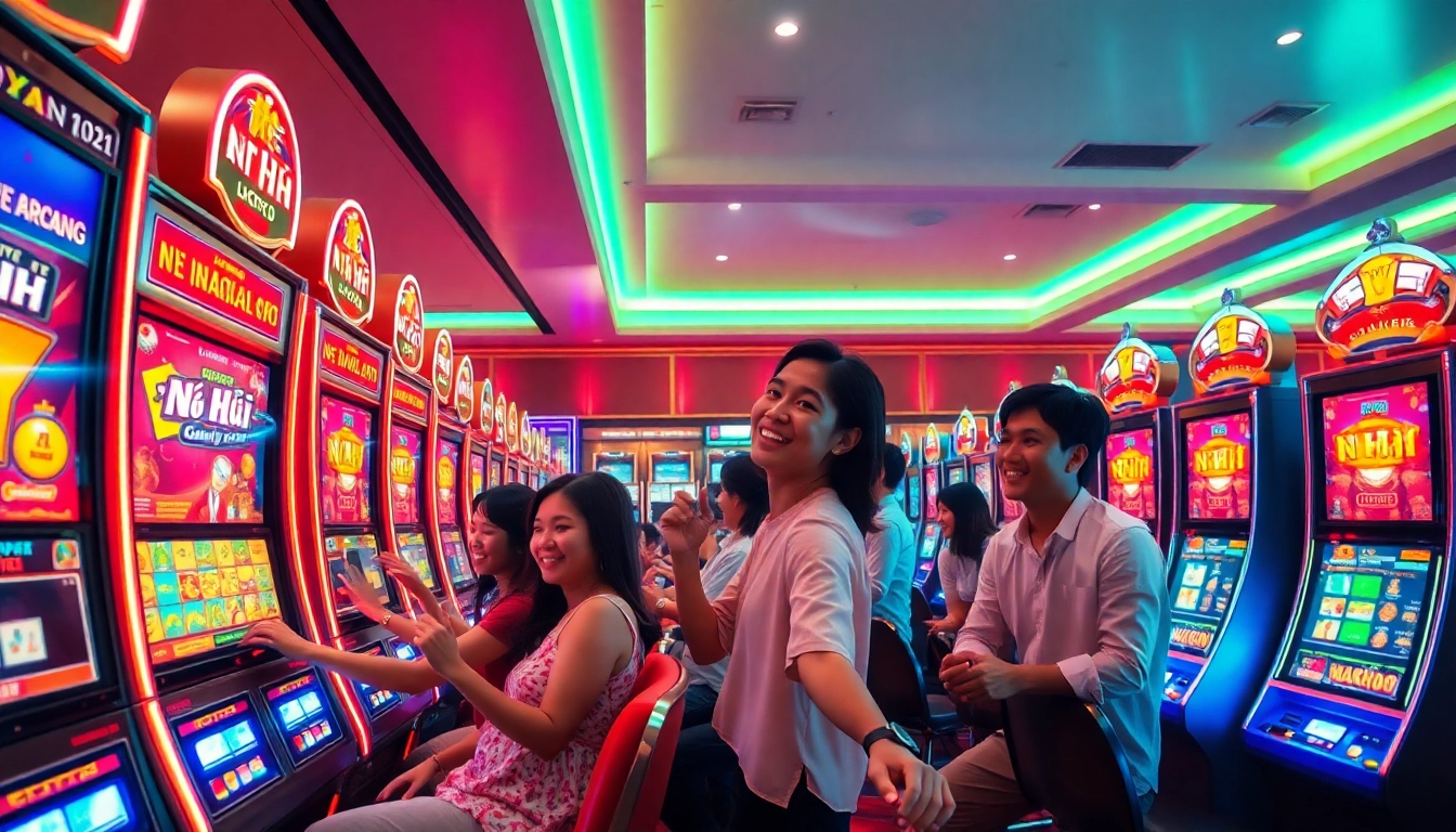 Nổ Hũ gaming experience in a vibrant casino setting showcasing players enjoying slot machines and jackpots.