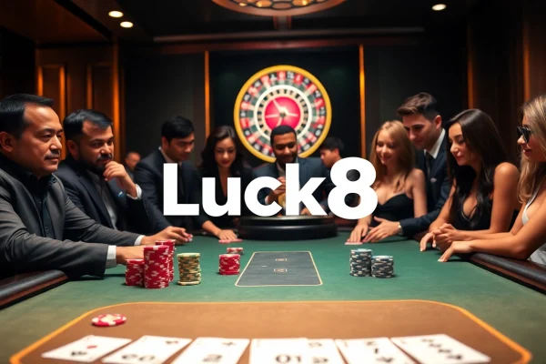 Luck8 poker table with diverse players enjoying a thrilling casino experience