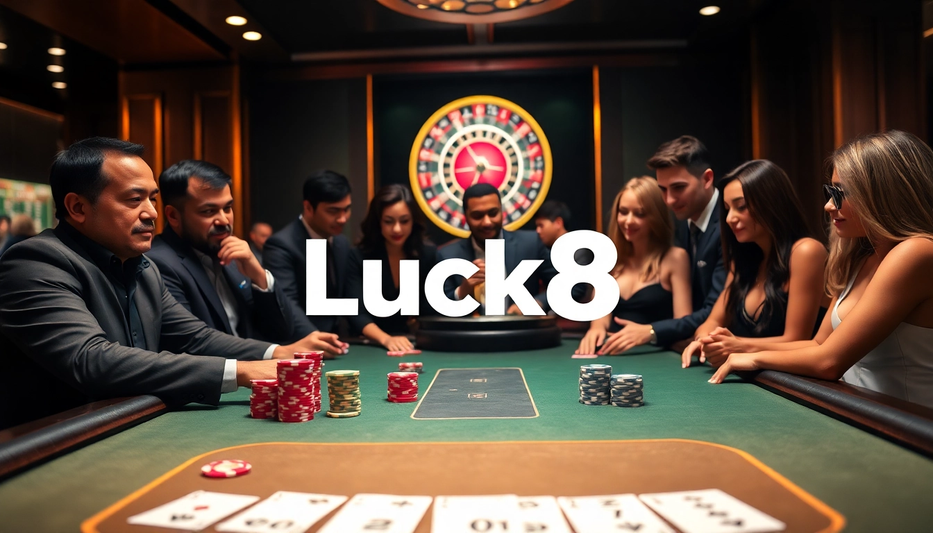 Luck8 poker table with diverse players enjoying a thrilling casino experience