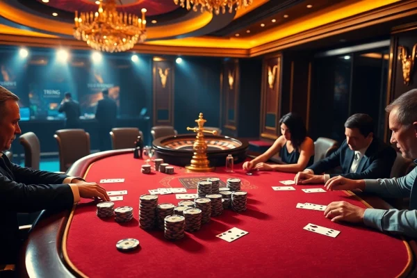 Players strategizing in an upscale poker game at 79KING casino, showcasing excitement and luxury.