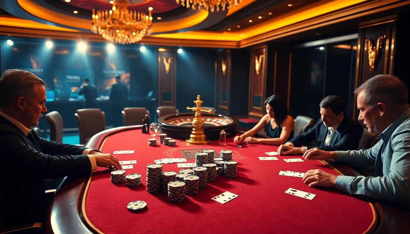 Players strategizing in an upscale poker game at 79KING casino, showcasing excitement and luxury.