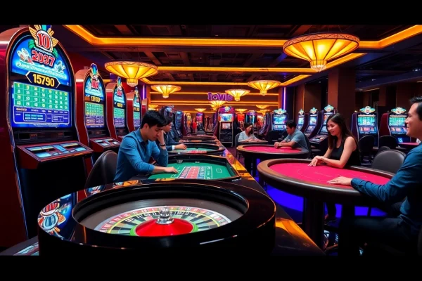 Experience the excitement of winning at Link vào 78Win in a modern casino scene with vibrant table games.
