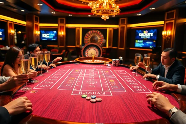 KJC group welcomes players at a luxurious baccarat table in an upscale casino environment.