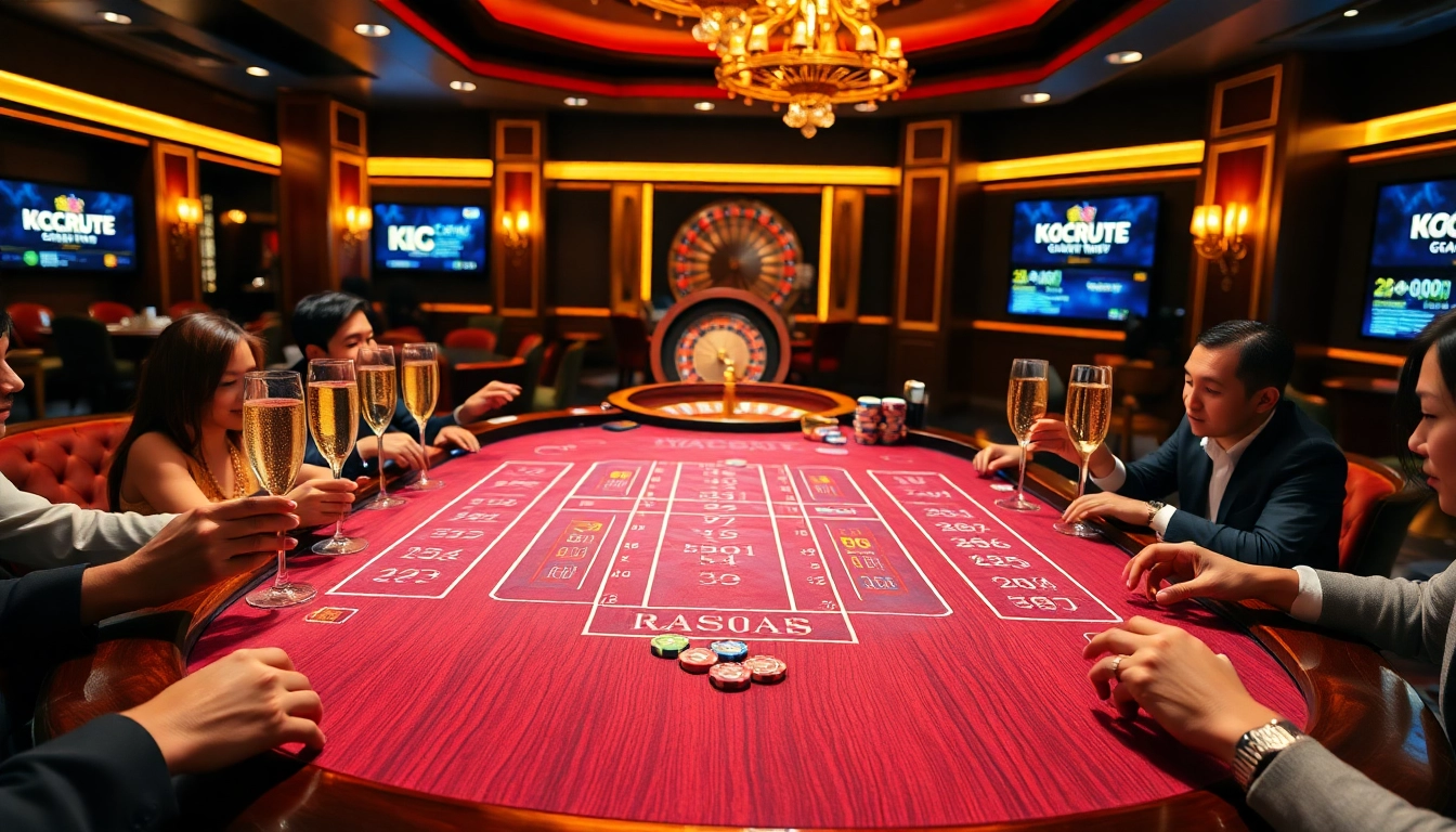 KJC group welcomes players at a luxurious baccarat table in an upscale casino environment.