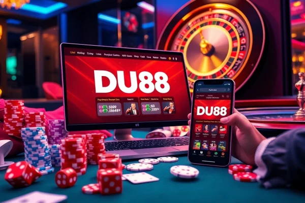 Engage with DU88 online gambling showcasing vibrant chips and an exciting betting atmosphere.
