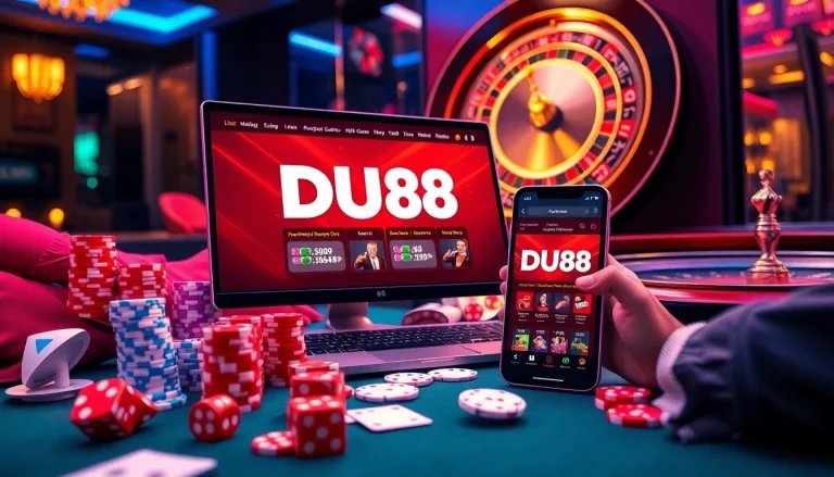 Engage with DU88 online gambling showcasing vibrant chips and an exciting betting atmosphere.