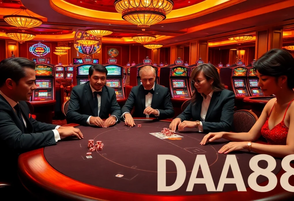DA88 players strategizing at a luxury poker table in a vibrant casino setting.