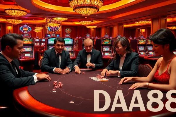 DA88 players strategizing at a luxury poker table in a vibrant casino setting.