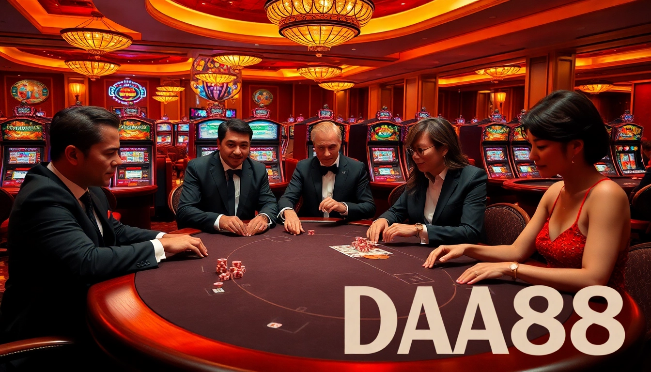 DA88 players strategizing at a luxury poker table in a vibrant casino setting.