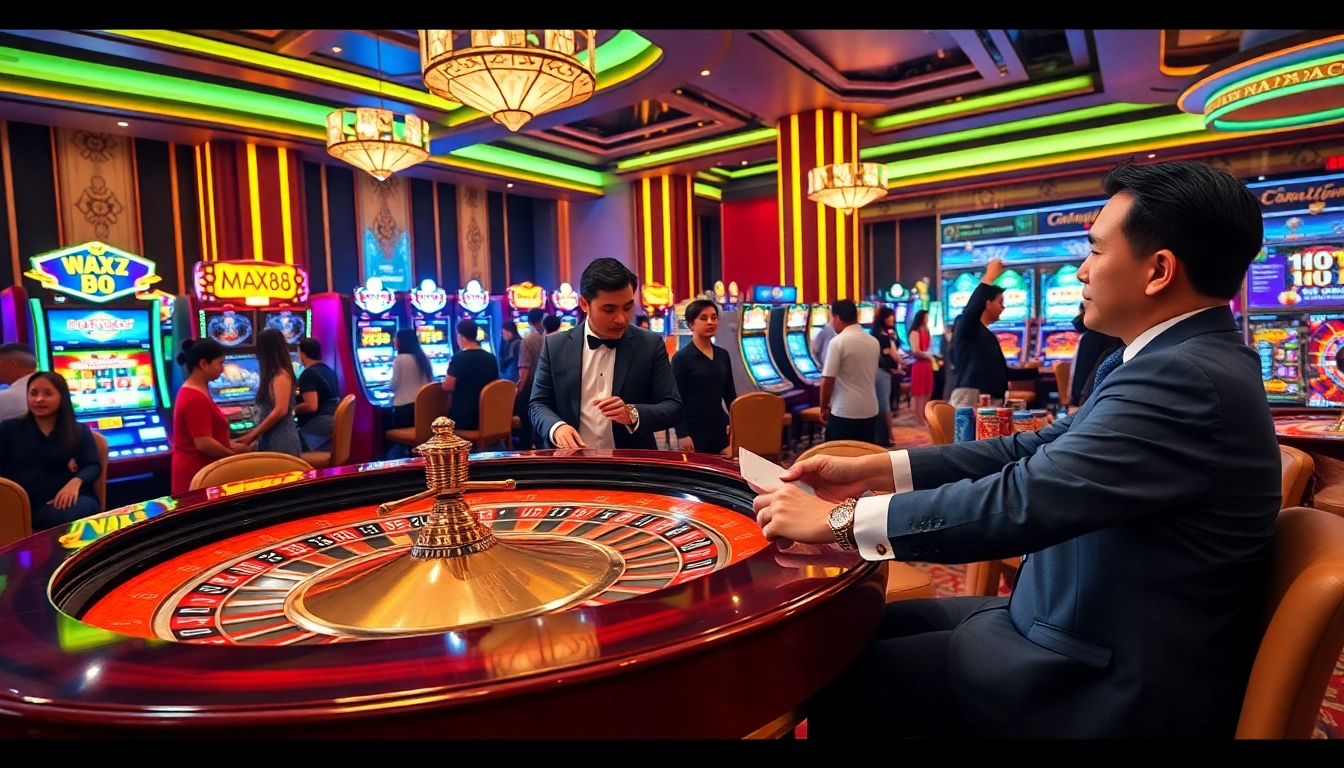 Engaging scene at the MAX88 casino with players enjoying roulette and slot machines.
